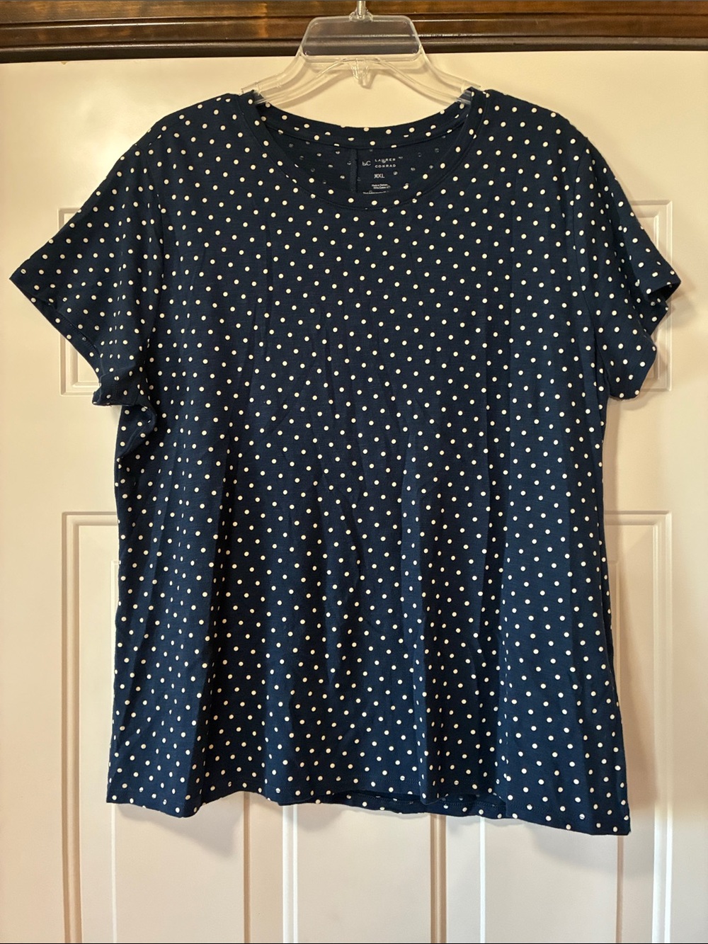 XXL LC Lauren Conrad Navy and White Polka Dots Short Sleeve Cotton Crew Neck Top